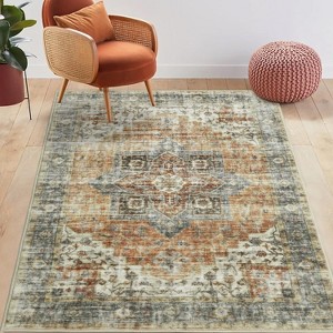 9x12 Area Rug Washable, Low-Pile Rug with Non-Slip Rubber Backing, Boho Vintage Style, Ideal for Bedroom Living Room Home Office Playroom, Blue - 1 of 4