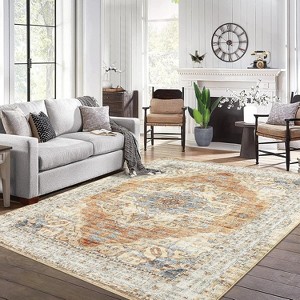 Coucheta Vintage Area Rug - Washable Medallion Rug with Non-Slip Backing, Soft Low Pile Distressed Carpet for Living Room & Bedroom - 1 of 4