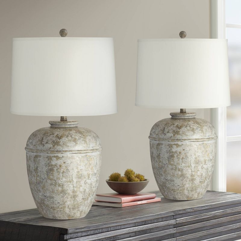 John Timberland Otero 27" Tall Jug Farmhouse Rustic Country Cottage Table Lamps Set of 2 Mottled Stone Finish Living Room Bedroom Bedside Cream Shade, 2 of 10