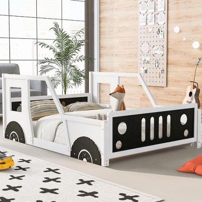 QingMoon Car-Shaped Twin Size Bed Frame, Wood Floor Platform Bed with Headboard, Footboard and Guardrail, Kids Race Car Bed for Boys & Girls