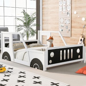 QingMoon Car-Shaped Twin Size Bed Frame, Wood Floor Platform Bed with Headboard, Footboard and Guardrail, Kids Race Car Bed for Boys & Girls - 1 of 4