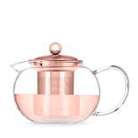 Pinky Up Candace Glass Teapot with Rose Gold Lid, Stainless Steel Removable Loose Leaf Infuser Strainer, 28 Oz Set of 1, Light Orange