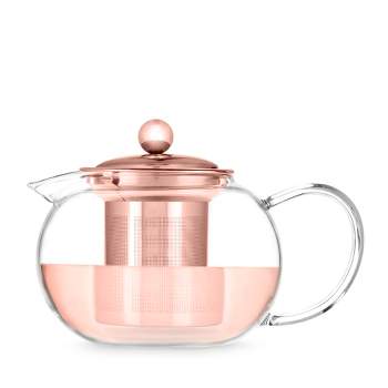 Pinky Up Candace Glass Teapot with Rose Gold Lid, Stainless Steel Removable Loose Leaf Infuser Strainer, 28 Oz Set of 1, Light Orange