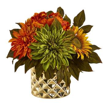 Nearly Natural 11-in Peony, Dahlia and Sunflower Artificial Arrangement in Gold Vase