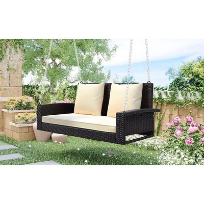 CAVINAS 2-Person Wicker Outdoor Swing Bench with Chains,Cushion,Pillow,Rattan Porch Swing for Pond,Garden,Courtyard