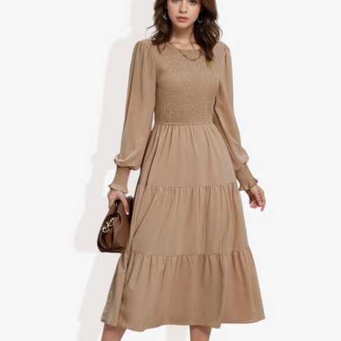 Anna Kaci Women s Long Sleeve Smocked Maxi Dress with Tiered Skirt and Elegant Crew Neck Design for Stylish Casual Wear Small Beige