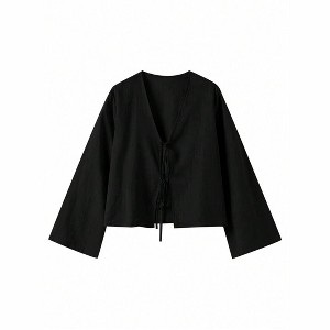 Women Shirt Tie Front Tops Long Sleeve V Neck Casual Lace Up Bow Blouses - 1 of 4