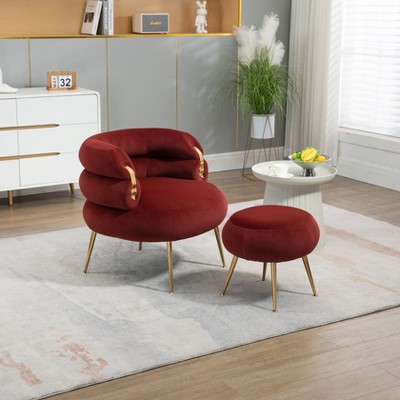 Okak Modern Barrel Accent Chair Living Room Chair with Ottoman Comfy Velvet Upholstered Armchair with Footrest for Lounge Office Bedroom, Red