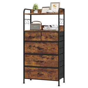 Tall Bedroom Dresser, Vertical Dresser with 5 Fabric Drawers and 2 Open Shelves, Living Room Chest of Drawers with Hanging Racks for Small Spaces - 1 of 4
