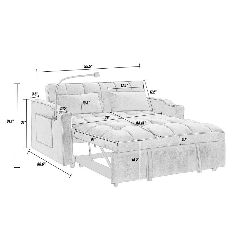 55.51" Pull Out Sleeper Sofa with Adjustable Back, 2-Seat Convertible Sofa Bed with USB Ports, Ashtray and Swivel Phone Stand 4M - ModernLuxe, 3 of 10