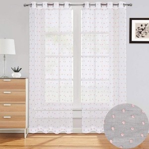 Linen Textured Living Room Curtains, Floral Embroidered Grommet Window Panels, Farmhouse Style, 2 Panels - 1 of 4