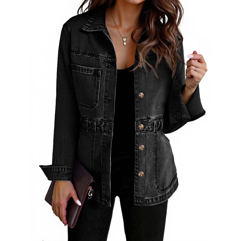 Imily Bela Denim Jacket for Women Distressed Jean Jacket Button Down Oversized Shacket with Pockets Black L
