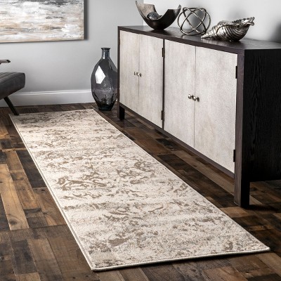 Beige Floral Synthetic Reversible Runner Rug
