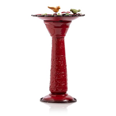 Red Metal Bird Bath with Birds and Leaves, 28-Inch