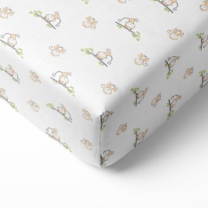 Bacati - Happy Monkeys Biege Muslin 100 percent Cotton Universal Baby US Standard Crib or Toddler Bed Fitted Sheet - 1 of 4