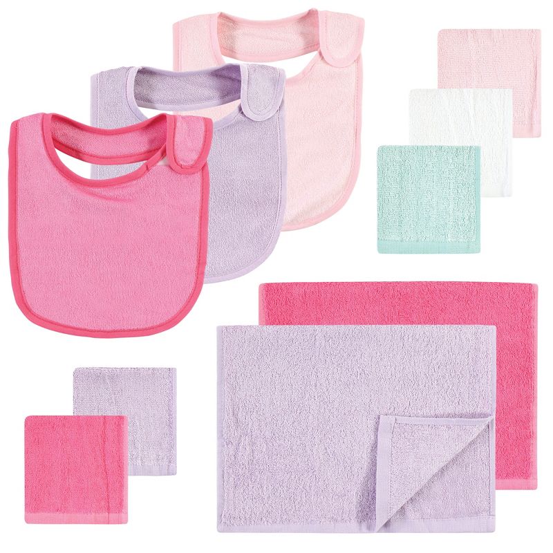 Hudson Baby Infant Girl Rayon from Bamboo Bib, Burp Cloth and Washcloth 10Pk, Pink Lilac, One Size, 1 of 7