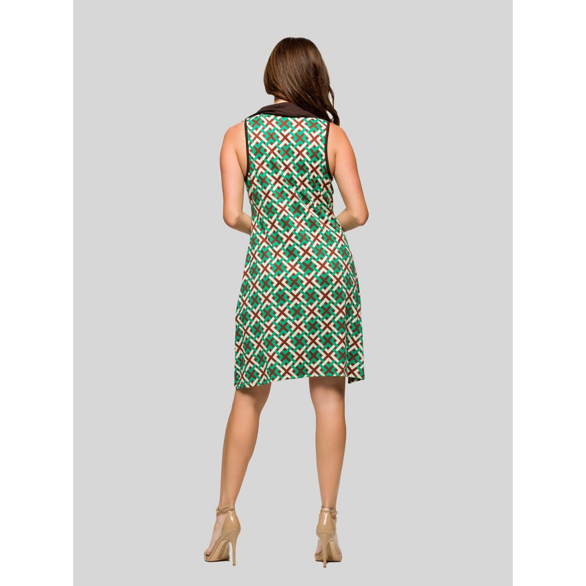 24seven Comfort Apparel Womens Brown and Green Sleeveless Collared Mini Dress - thumbnail 3