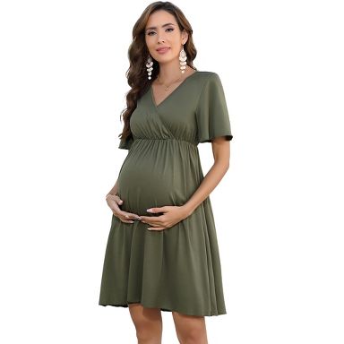 Clearlove Maternity Dress Floral Print V-Neck Midi A-Line Shirred Short Sleeves Ruffled Flowy Summer Boho Baby Shower Photoshoot Olive Green L