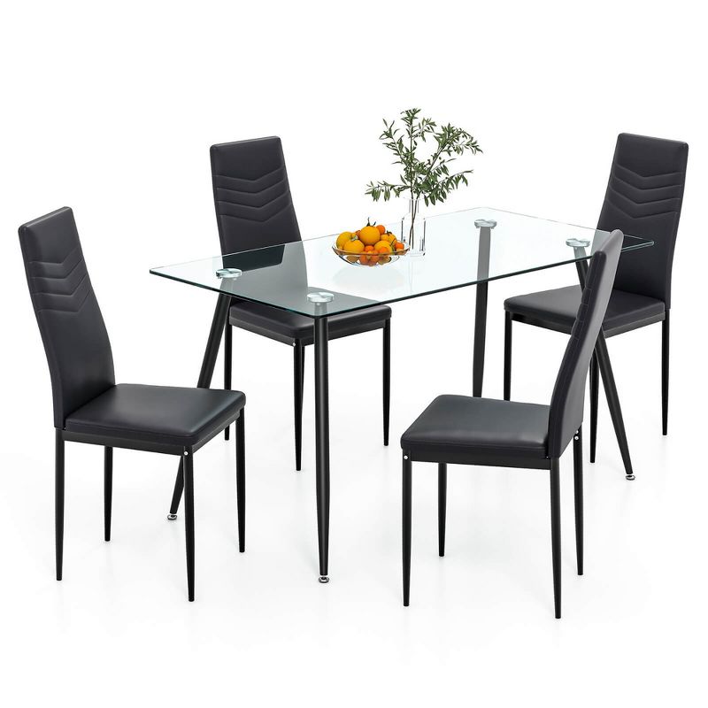 Tangkula 5 PCS 51" Rectangle Dining Set 0.3" Thick Glass Table w/ 4 Padded Dining Chairs, 1 of 8