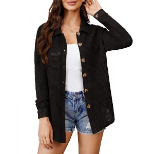 Coolmee Women's Waffle Knit Button Down Shirts Casual Long Sleeve Shacket Jacket Dressy Blouses Tops - 1 of 4