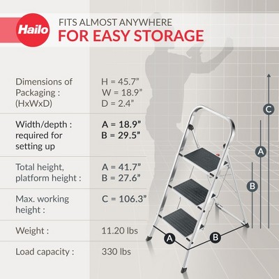 Hailo 3-Step Aluminum Folding Ladder with Non-Slip Black Steps