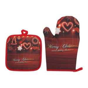 Unique Bargains Oven Mitts and Pot Holder Woodgrain Hearts Christmas Polyester Closed Cell Foam Red - 1 of 4
