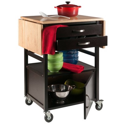 Light Wood and Black Drop Leaf Kitchen Cart with Storage
