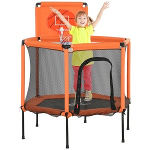 Qaba 48" Trampoline for kids, Toddler Trampoline Indoor Outdoor with Safety Enclosure Net, Basketball Hoop, Orange - 1 of 4