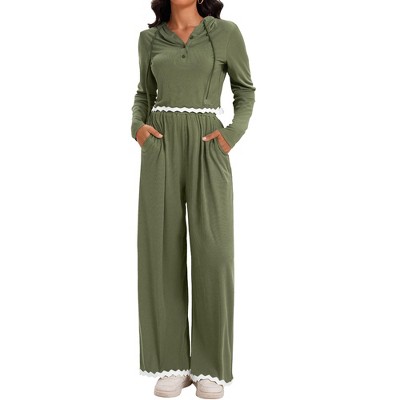 ATHLECHIC Women's Casual Lounge Cropped Half Button Hoodie Top Wide Leg Pants Ribbed Knit Tracksuit Two Piece Sets