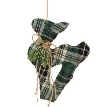 Northlight 7.75" Green Plaid Fabric Deer with Pine Christmas Ornament