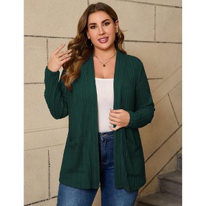 Coolmee Women's Plus Size Cardigan Shawl Long Sleeve Outerwear Lightweight Open Front Ribbed Knit Casual Cardigan Sweaters with Pockets 3XL Green - 1 of 4