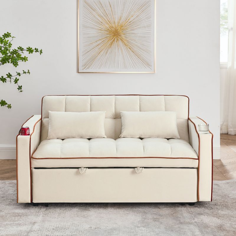 55.51" Pull Out Sleeper Sofa with Adjustable Back, 2-Seat Convertible Sofa Bed with USB Ports, Ashtray and Swivel Phone Stand 4M - ModernLuxe, 2 of 10