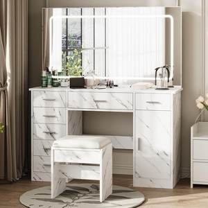 Vanity Desk with Mirror and Lights, with 7 Drawers, 3 Light Modes & Brightness Adjustment, Dressing Table with Hair Dryer Holder for Bedroom - 1 of 4