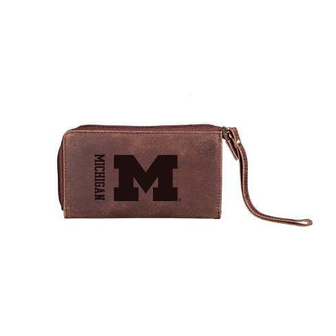 Evergreen NCAA Michigan Wolverines Brown Leather Women's Wristlet Wallet Officially Licensed with Gift Box
