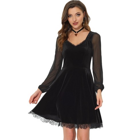 Allegra K Women's Gothic Sweetheart Neck Sheer Sleeve Velvet Dress Black  Medium : Target