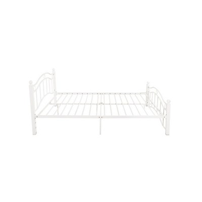 Queen Size White Metal Frame Platform Bed with Upholstered Headboard