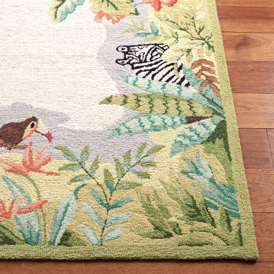 Handmade Beige and Green Wool Floral Rectangular Area Rug