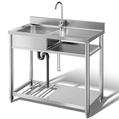 Huxxion Stainless Steel Utility Sink, Free Standing Single Bowl Kitchen Sink with Cold and Hot Water Pipe, Outdoor Basin Station with Cabinet