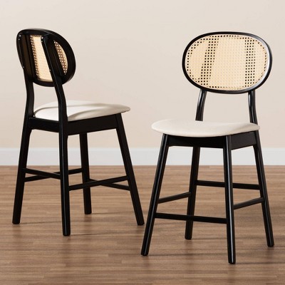 Cream and Black Woven Wood Counter Stools, Set of 2