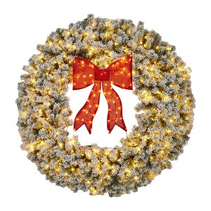 Pre-Lit Christmas Wreath with Bow, Winter Artificial Wreath with Lighted Bow, Xmas Decoration for Indoor Outdoor Holiday Party - 1 of 4