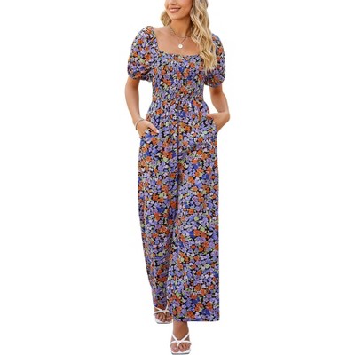 Women's Summer Smocked Jumpsuits Casual Square Neck Short Sleeve High Waist Wide Leg Rompers with Pockets