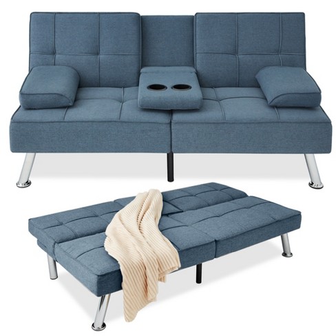 Best Choice Modern Convertible Futon Sofa Bed Armrests, Metal Legs, Cupholders - Blue : Target