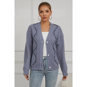 V For City Women's Cable-Knit V Neck Long Sleeve Button Down Cardigan with Contrast Stitching - 1 of 4