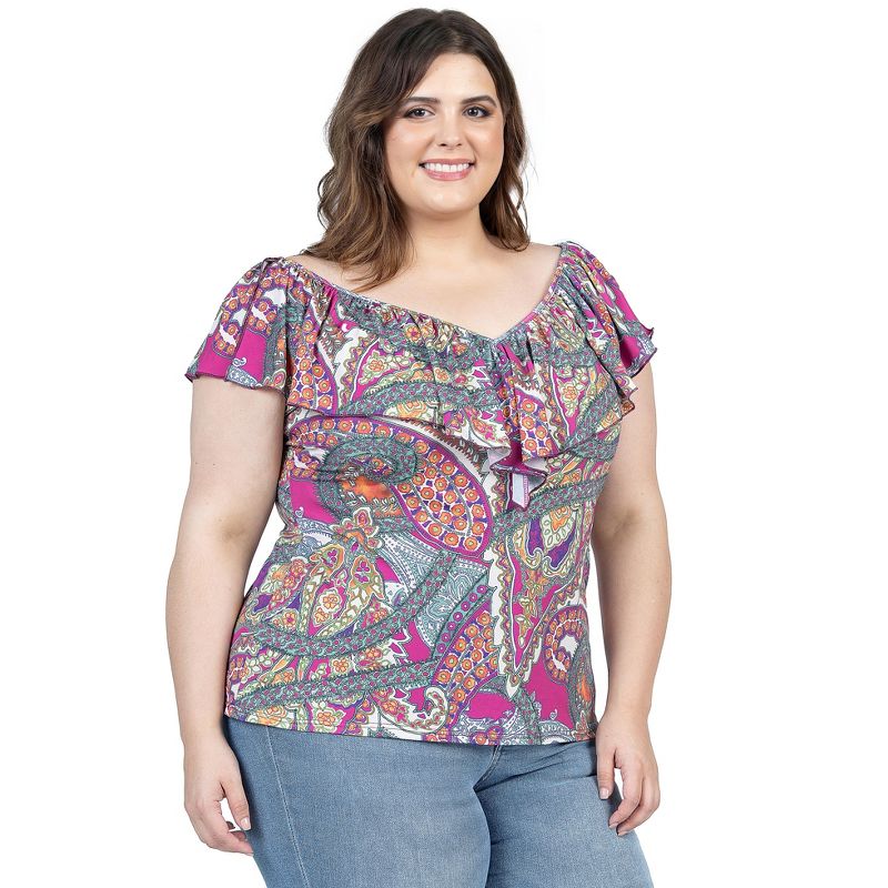 24seven Comfort Apparel Womens Cap Sleeve Pink Paisley Print Ruffle V Neck Plus Size Top, 2 of 7