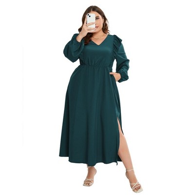 Garvee Women's Plus Size Fall Dress with Pocket Ruffle Cap Long Sleeves V Neck Side Split Long Maxi Dress