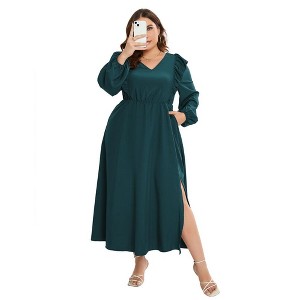 Garvee Women's Plus Size Fall Dress with Pocket Ruffle Cap Long Sleeves V Neck Side Split Long Maxi Dress - 1 of 4
