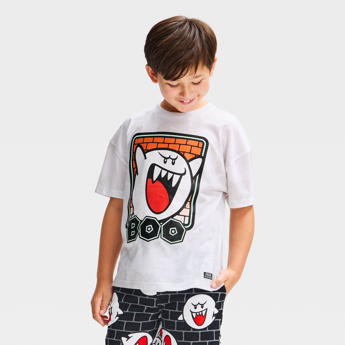 Boys' Super Mario Bros BOO Short Sleeve Tie-Dye Halloween Graphic T-Shirt - White/Gray