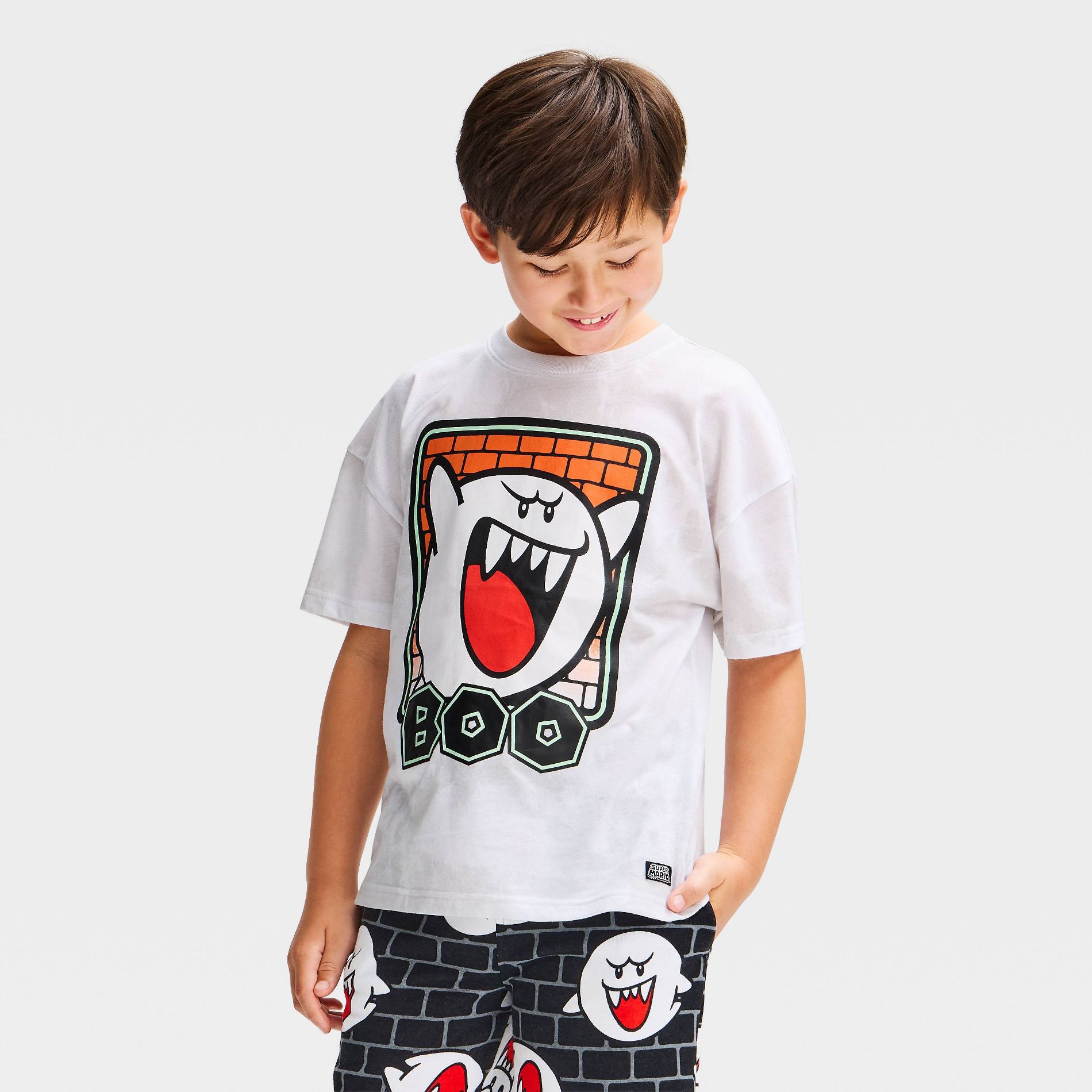 Boys' Super Mario Short Sleeve Bros Boo Tie-Dye Halloween Graphic T-Shirt - Gray