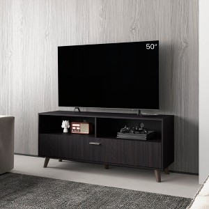54.7" Manufactured Wood Modern TV Stand with Spacious Storage, Angled Legs, and Stylish Black Finish for Living Room and Bedroom - 1 of 4