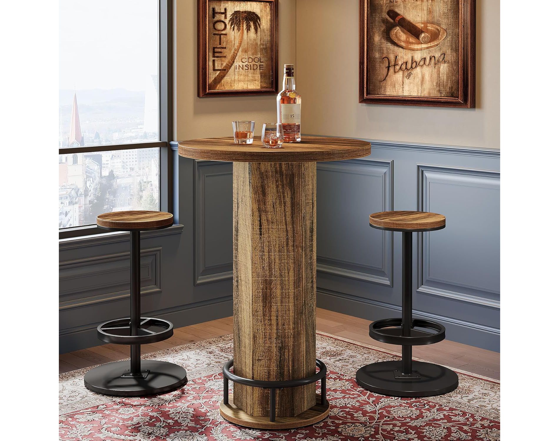 Tribesigns Round Bar Table with Chairs, Bistro Sets with 2 barstools, Pub Cocktail Table with Metal Ring Footrest for Kitchen Nook, Apartment